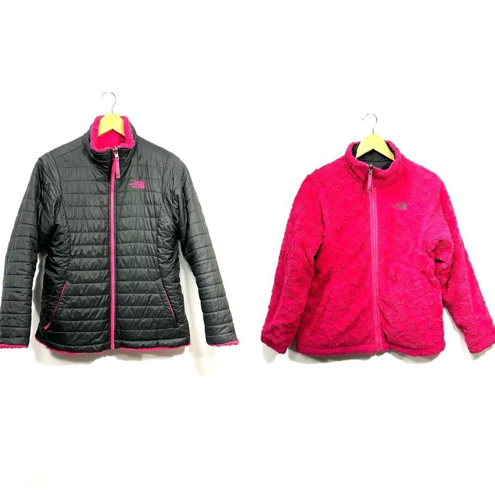 THE NORTH FACE Girls Gray Pink Fur Lined Jacket Coat Reversible
